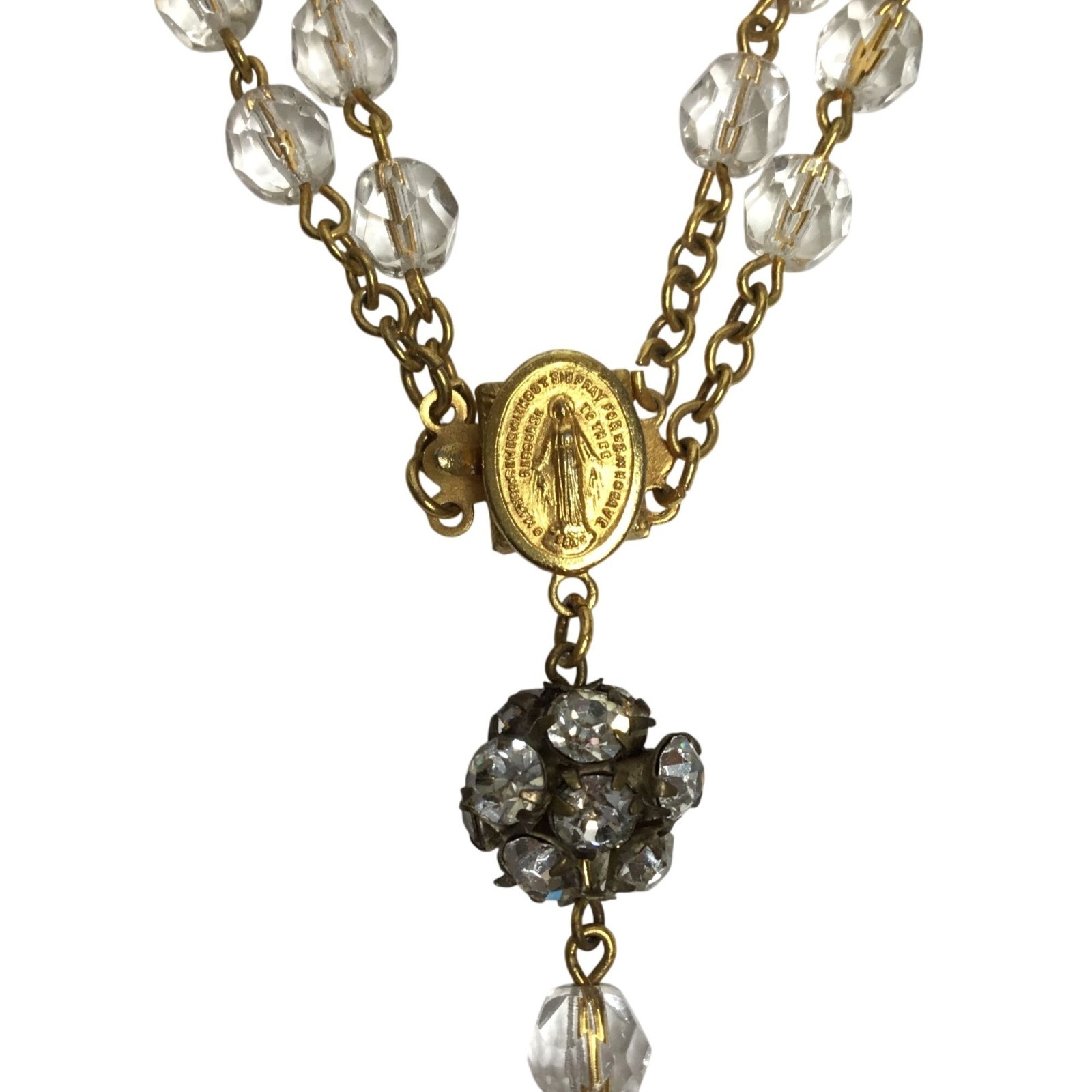 VTG Double Strand Crystal Bead Rosary Bracelet Necklace Cross Pendant Gold Tone
