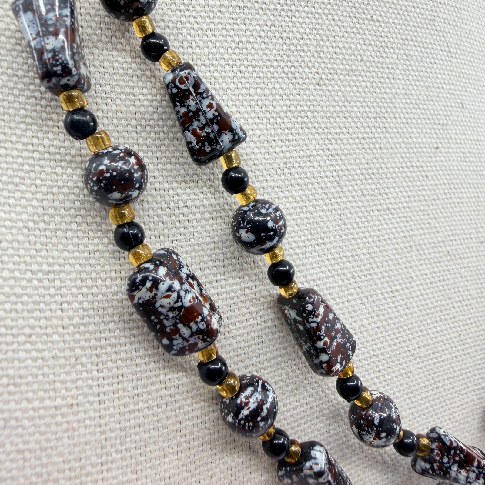 Vintage Brown White Mottled Bead Multi Strand Necklace Chunky Statement Boho Art