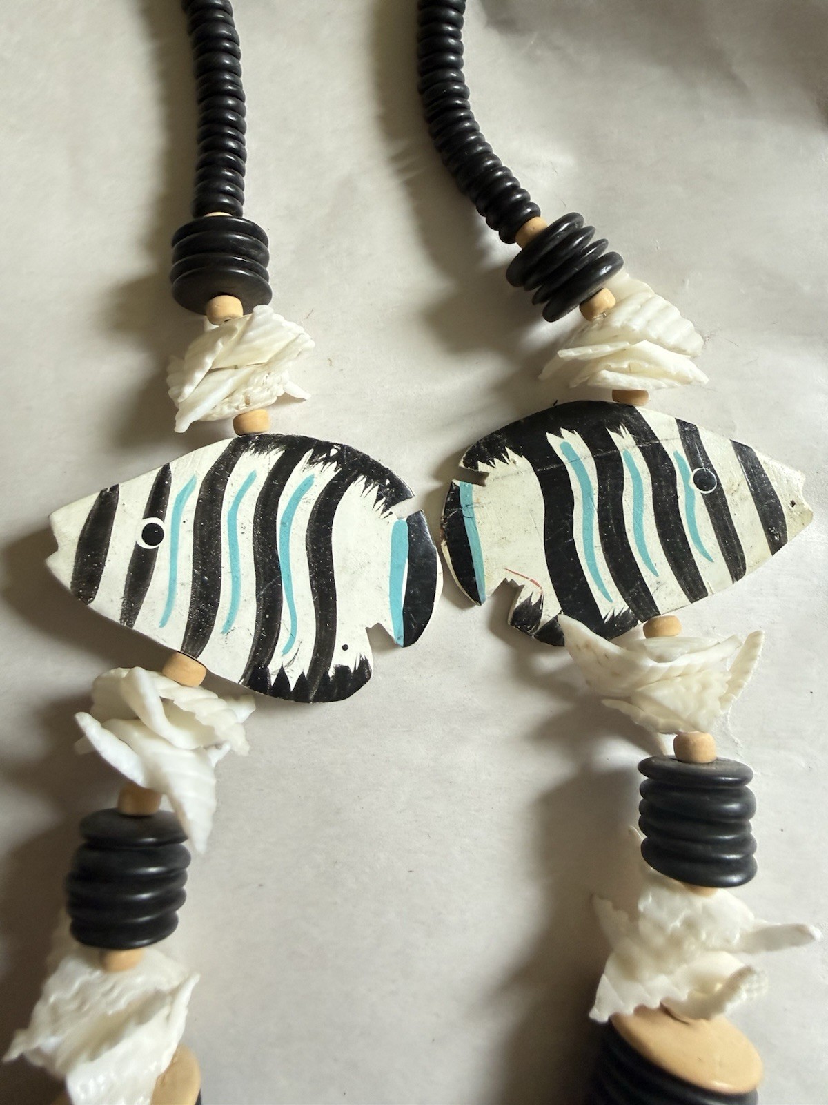 Vintage Wood Bead Tropical Fish Necklace Multi Strand & Color Hand Carved Paint