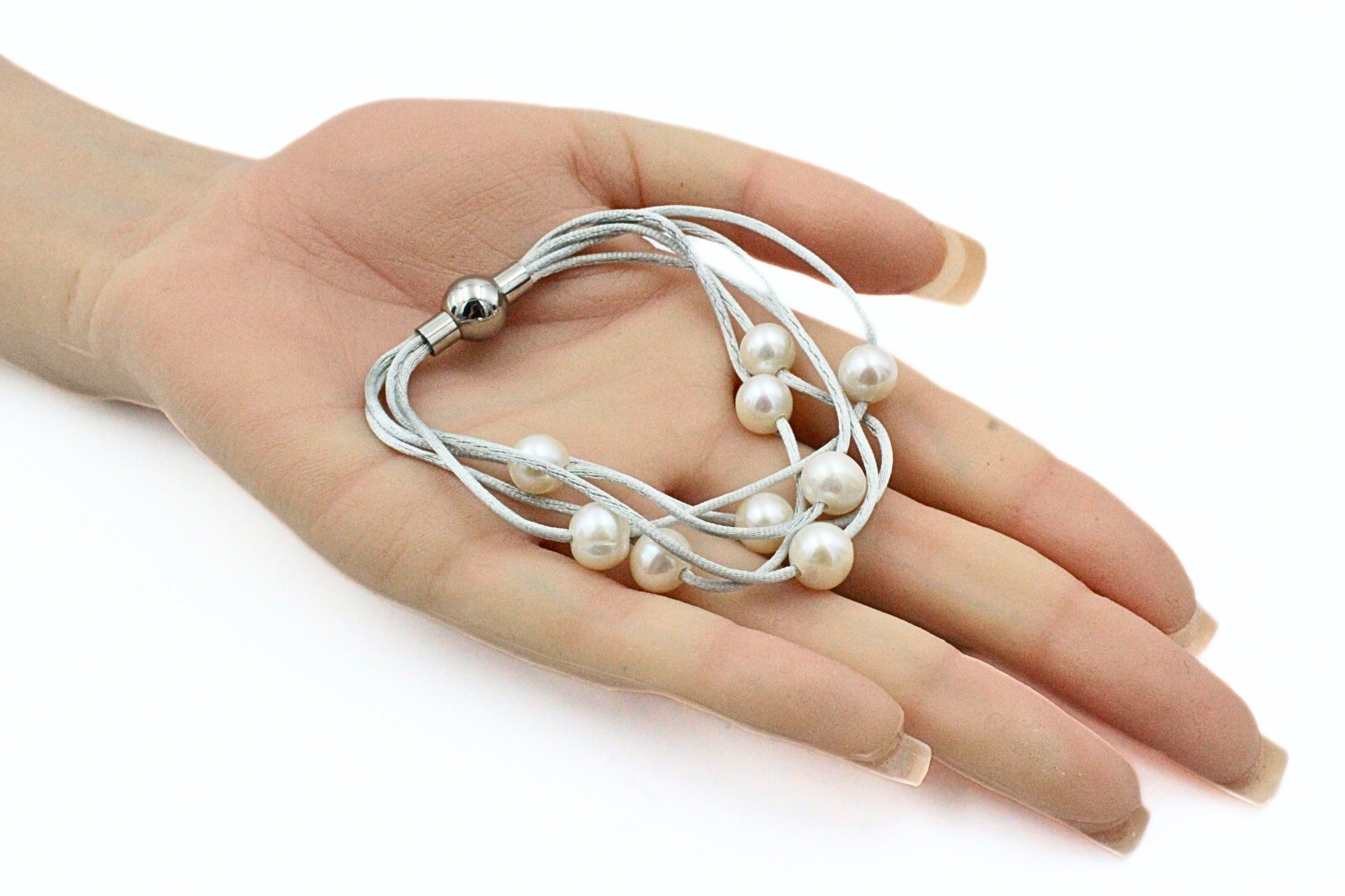 HSN Multi Strand Rhodium Plate Floating Freshwater Pearl Magnetic Bracelet