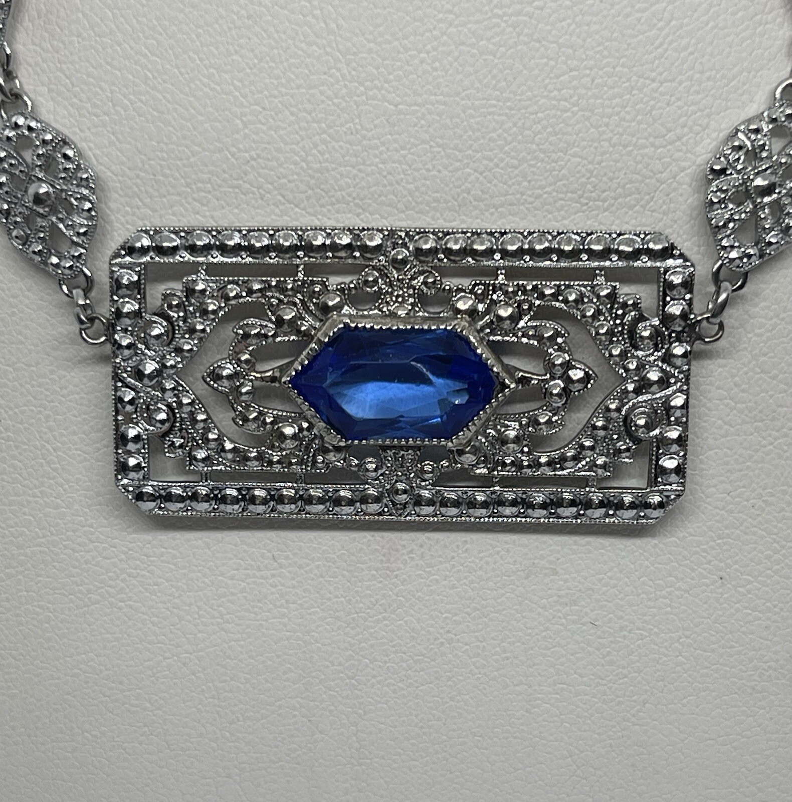 Antique Art Deco Blue Lozenge Shape Plaque Rhodium Plated Sterling Necklace