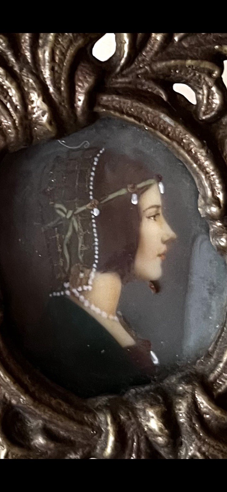 1840 Italian Portrait Pendant ST CECILIA with Harp Enamel Miniature Rome Bronze