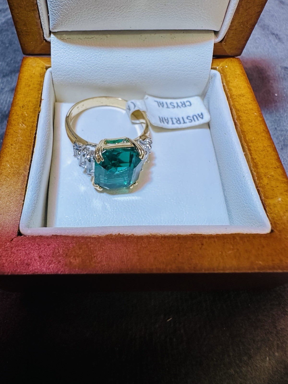 Vintage Austrian Crystal Emerald Cut Green Ring w Wood Box & New Tag Size 8