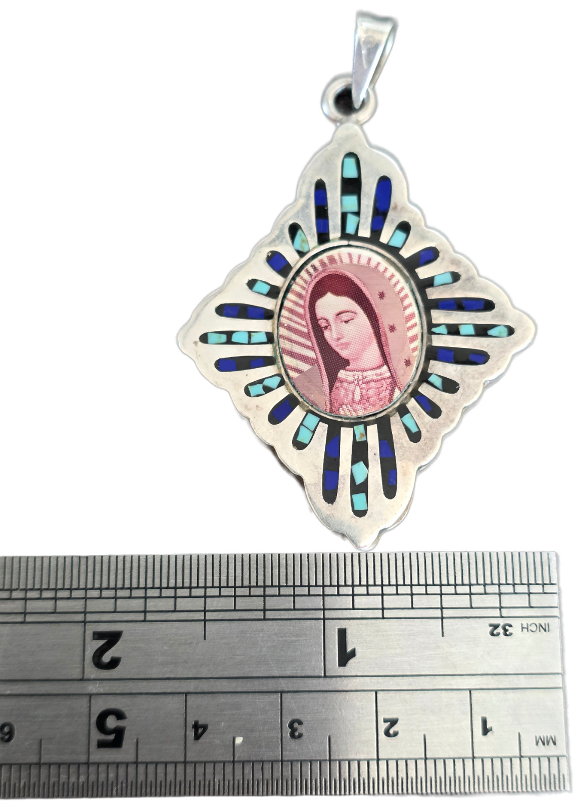 Large Sterling Silver Enamel Virgin Mary Pendant Blue Turquoise Religious Medal