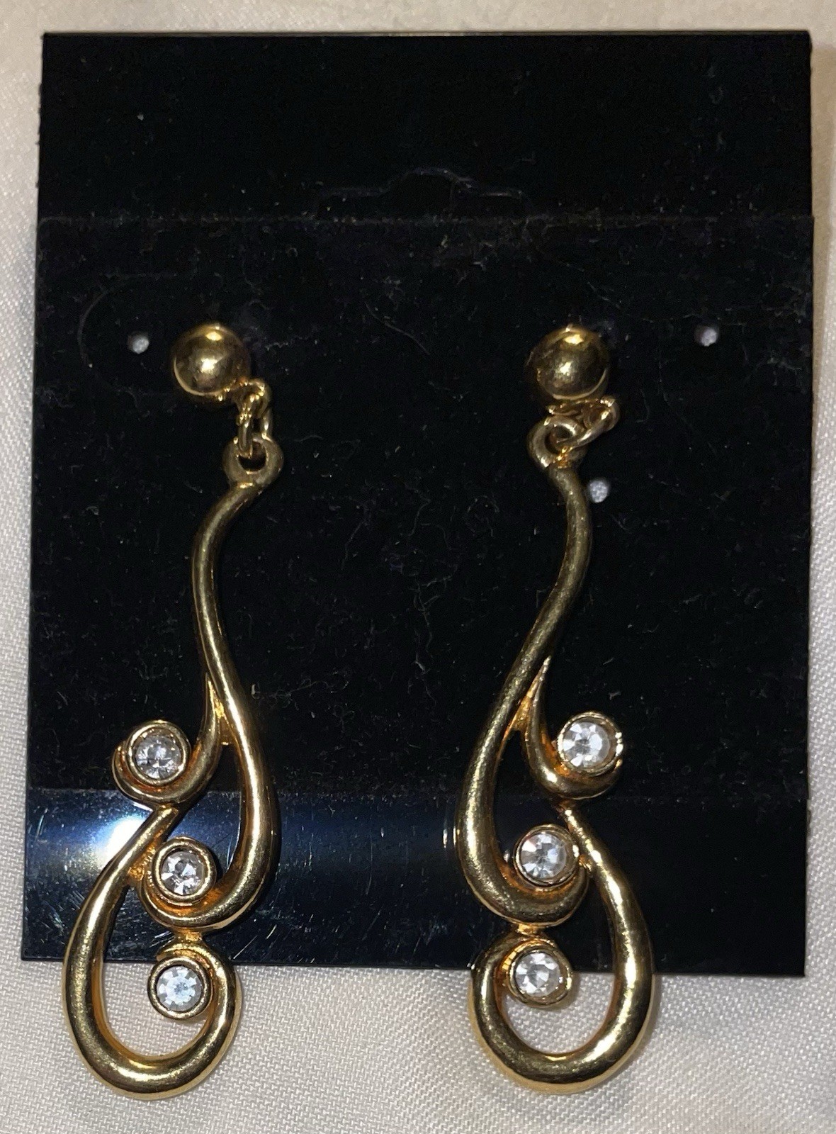 Gold-Tone Scroll Rhinestone Dangle Drop Post Earrings 2”