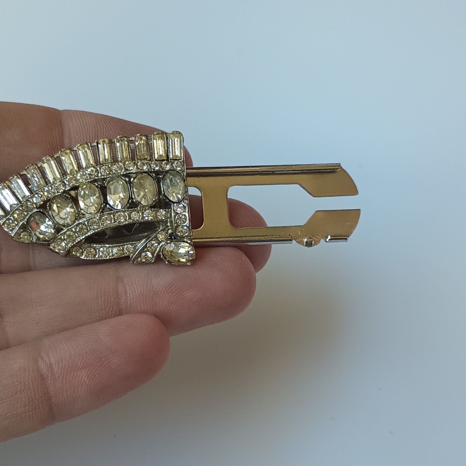 Gold Tone Clear Baguette Rhinestone Dress/Scarf Clip Set 2pc w/ Connector Bar
