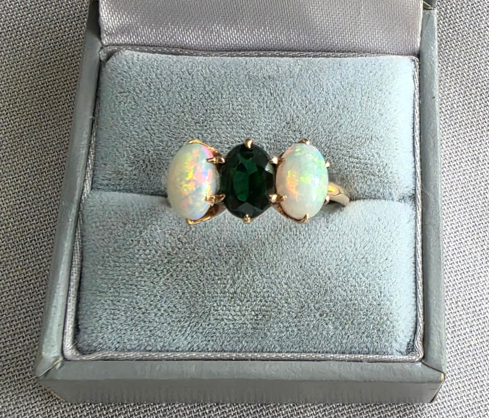 Antique Trilogy Ring Vibrant Opals and Deep Green Center Stone 10k Gold Superb!