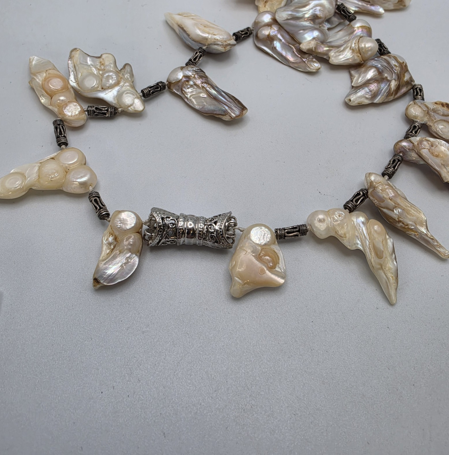 Vtg Blister Pearl Shell Necklace Statement Fringe Sterling Bali Bead