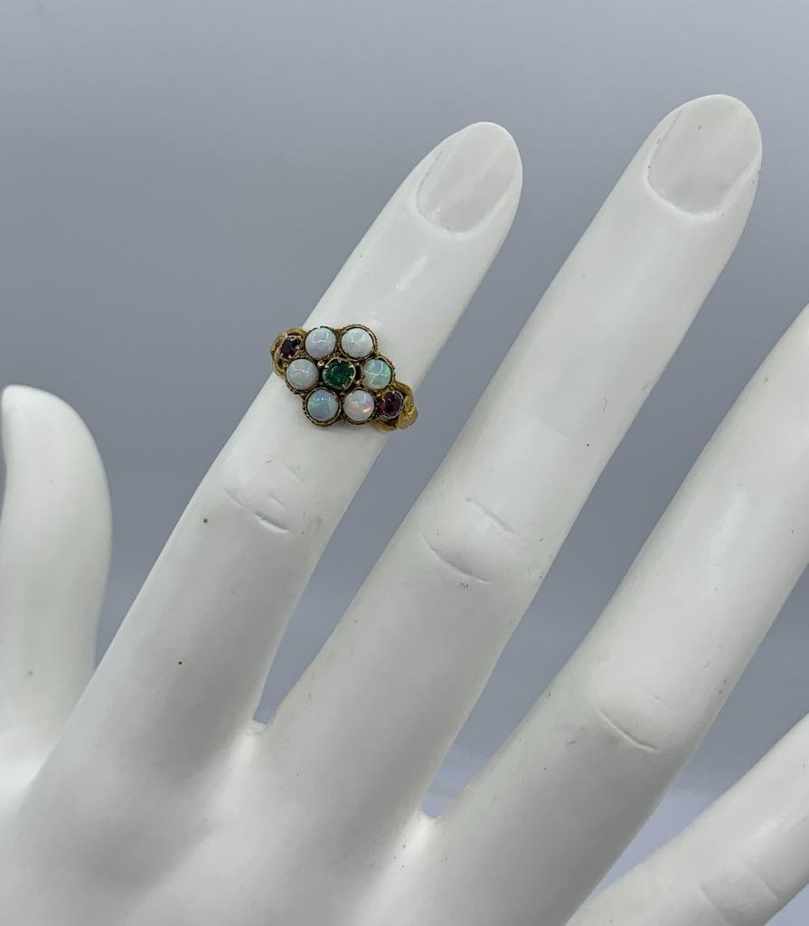 Victorian Opal Emerald Ruby Ring Antique Wedding Engagement Ring 14 Karat Gold