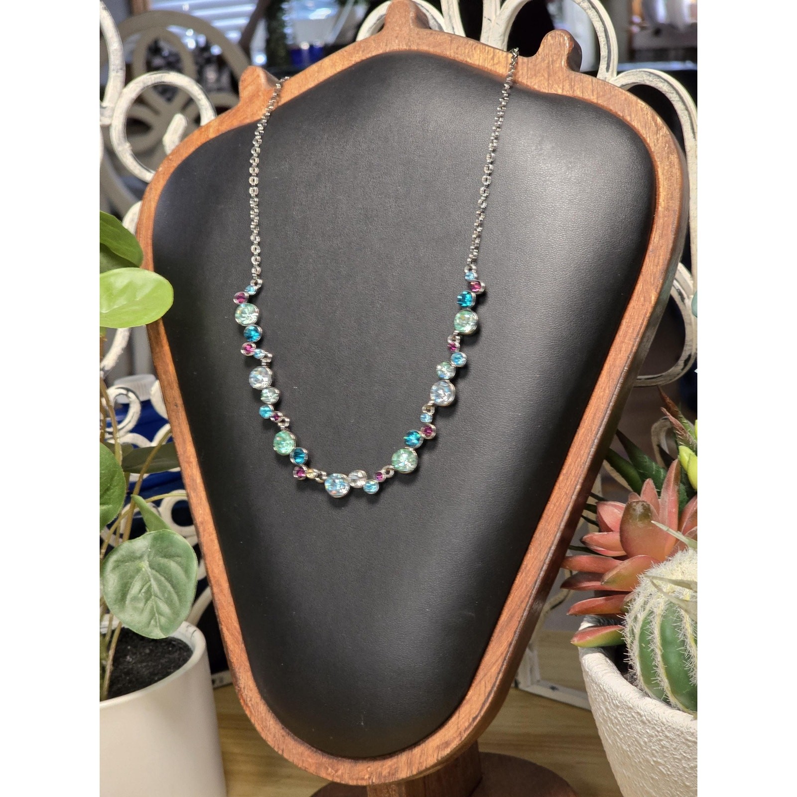 Napier Crystal Necklace Teal Blue Pink Rhinestone Necklace Gunmetal Tone