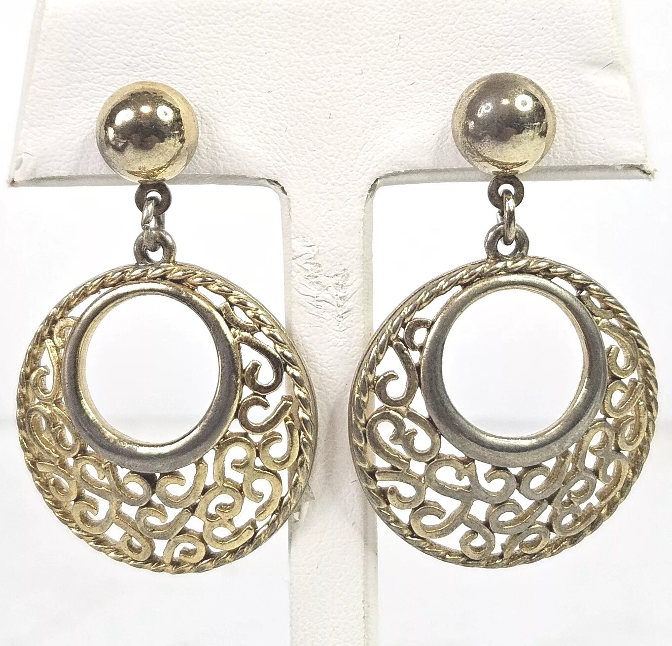 Vintage Filigree Hoop Dangle drop Earrings Gorgeous Gold tone