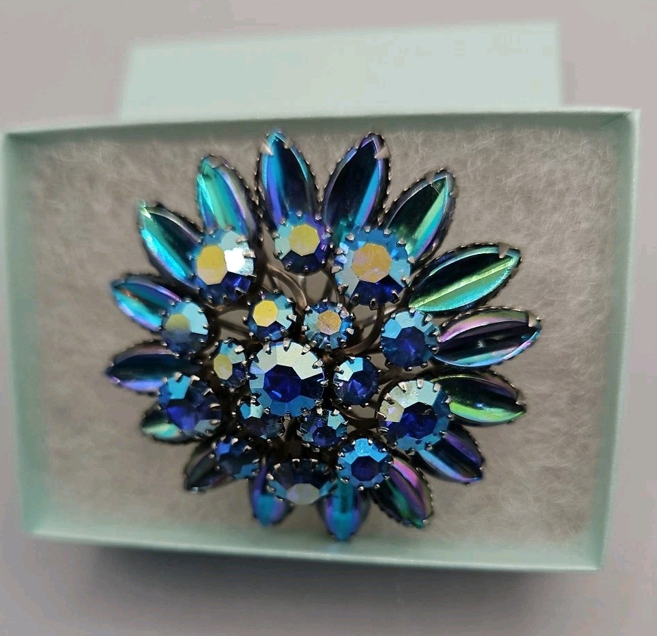 Vintage AB Rhinestone Brooch Flower Dome Cluster Peacock Blue Color