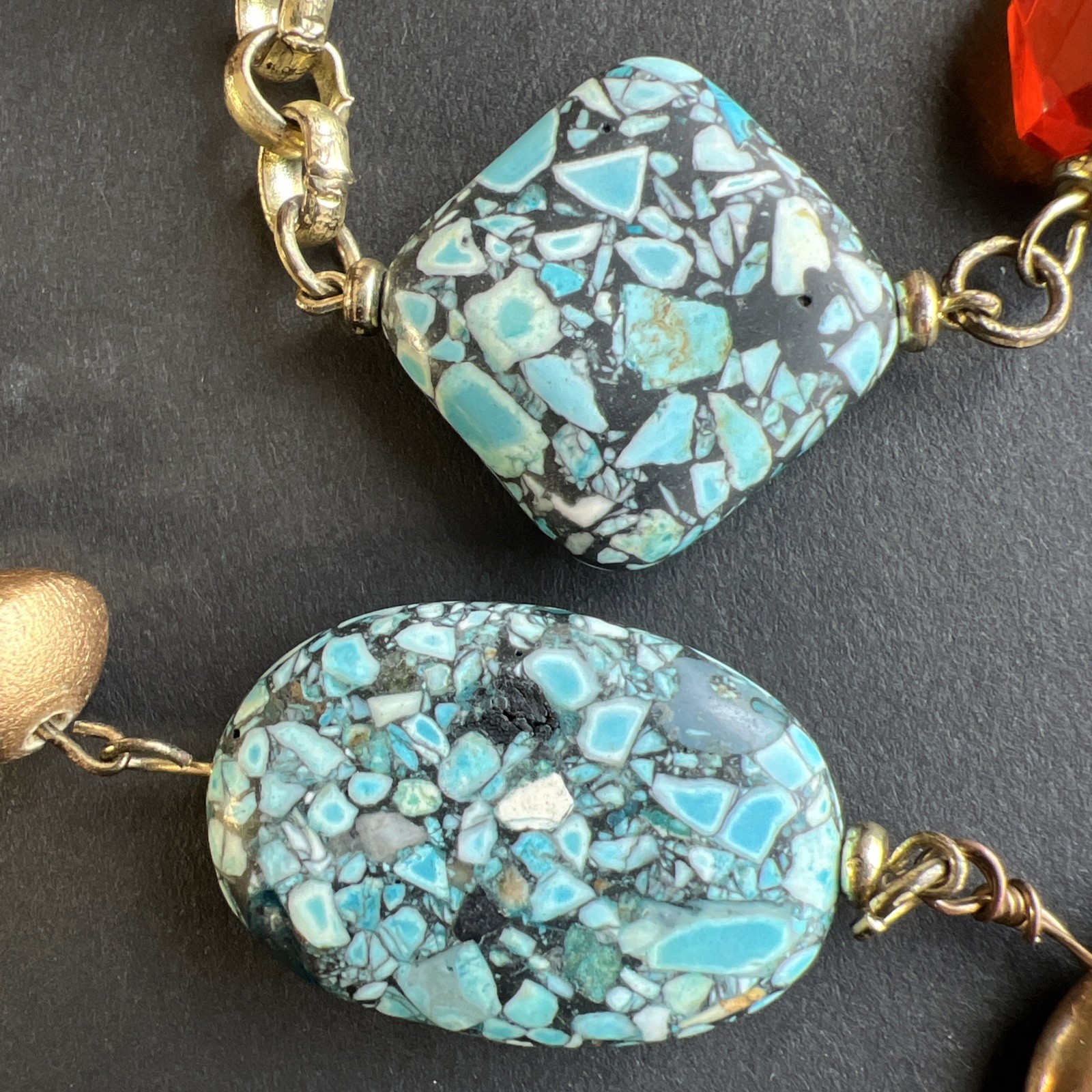 Vintage Turquoise Chip Inlay Beads Amber Mother of Pearl Abalone Bronze Necklace