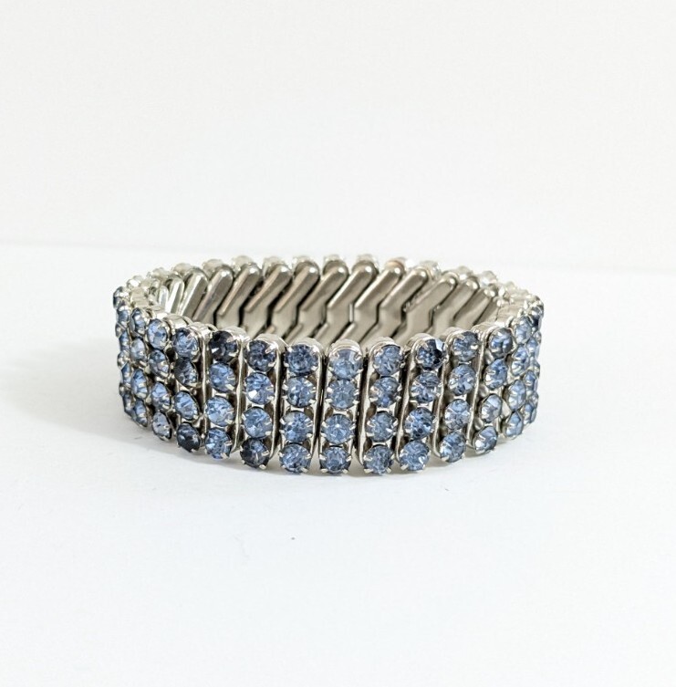 Light Blue Rhinestone And Silver Toned Expanding Bracelet Vintage