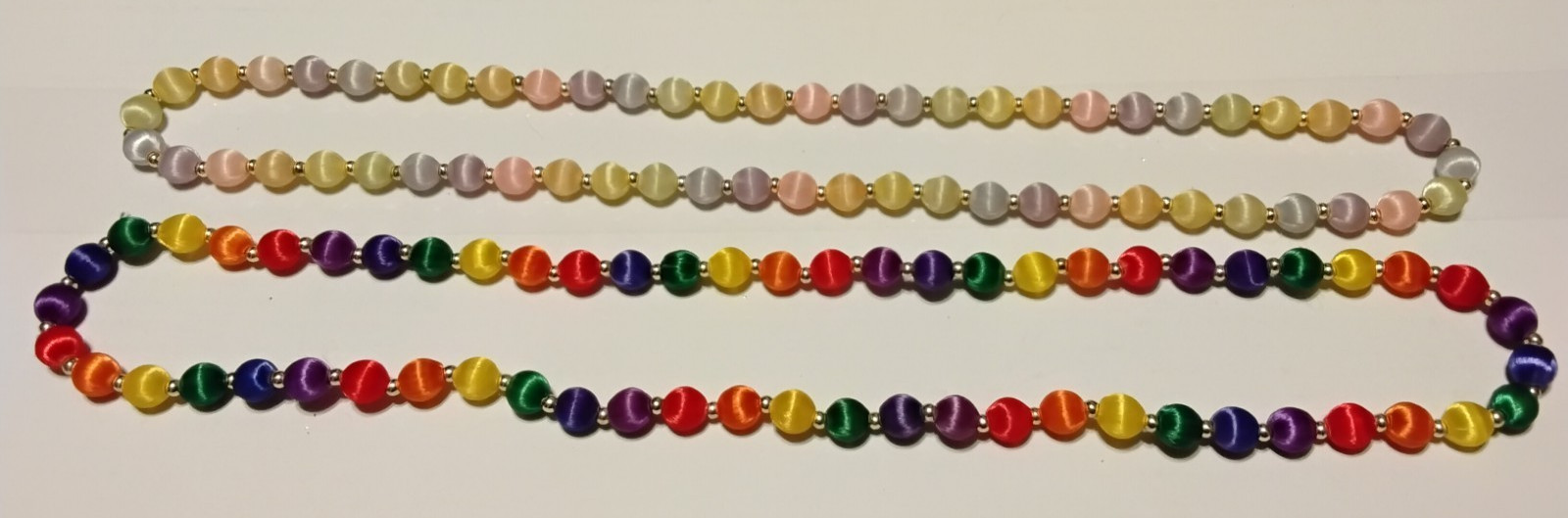 Vtg LOT of 2 Pastel Multi Color & Rainbow Satin Silk Thread Beaded Necklaces