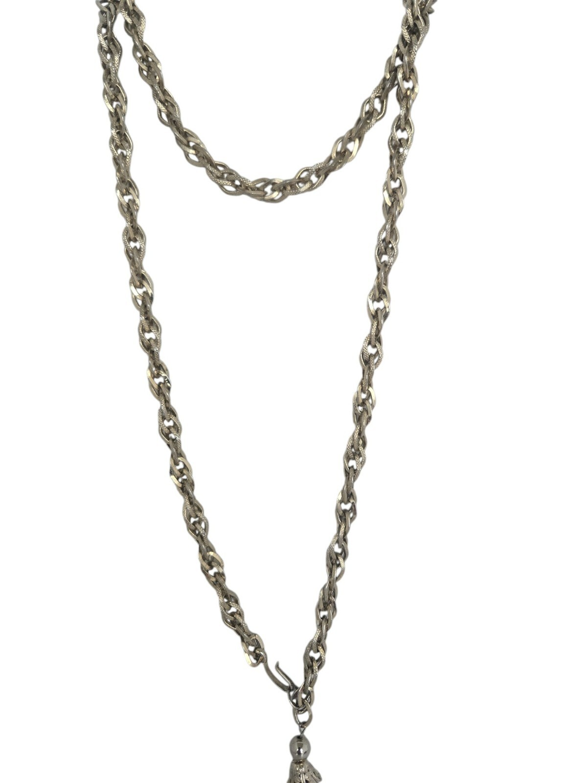 Vintage Gold Tone Textured Link 40″ Necklace w/ J Hook and Tassel