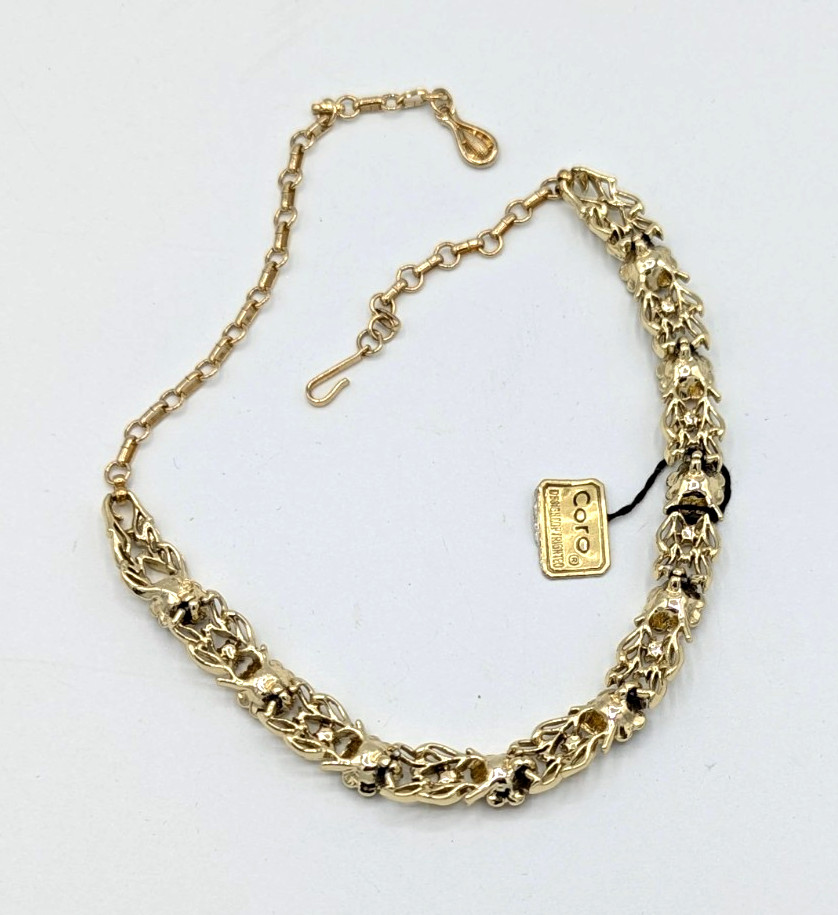 Vintage Coro Rhinestone Necklace Fall Colors Gold Tone Leaves Choker NOS Tag