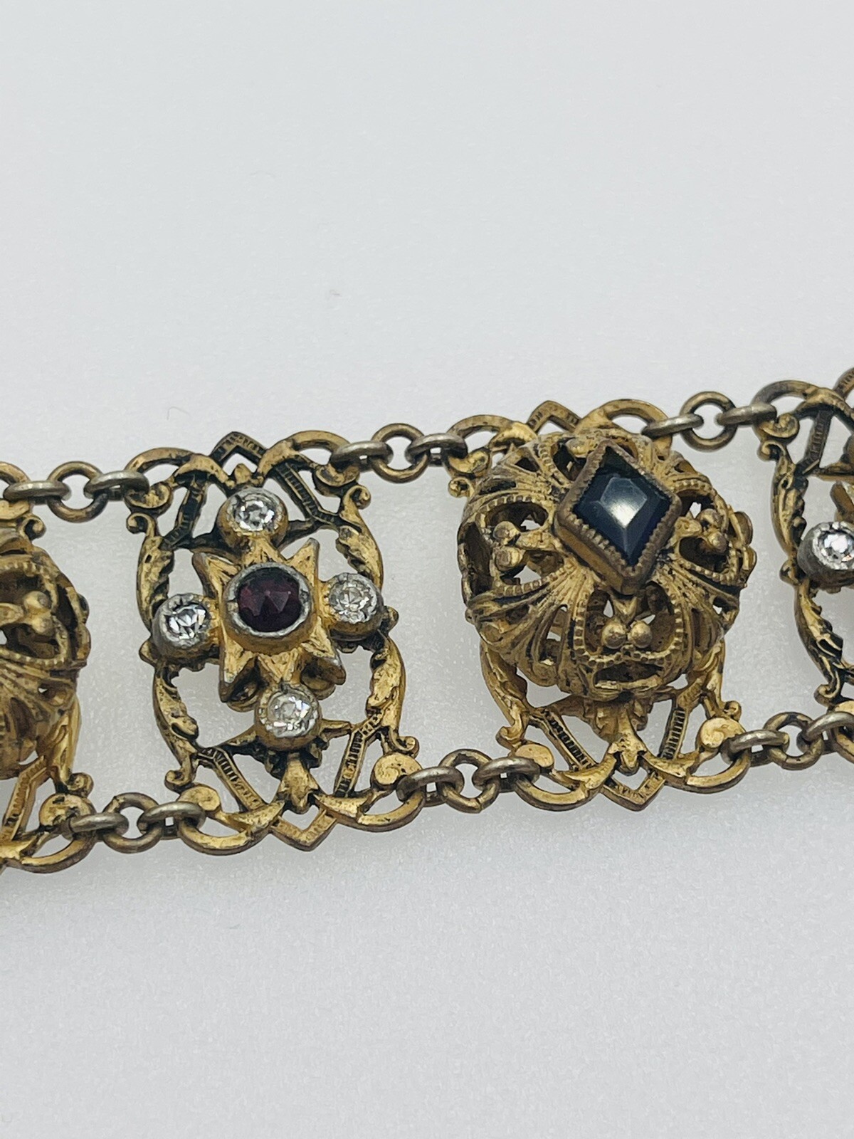Antique Czech Purple Glass Brass Ornate Bracelet