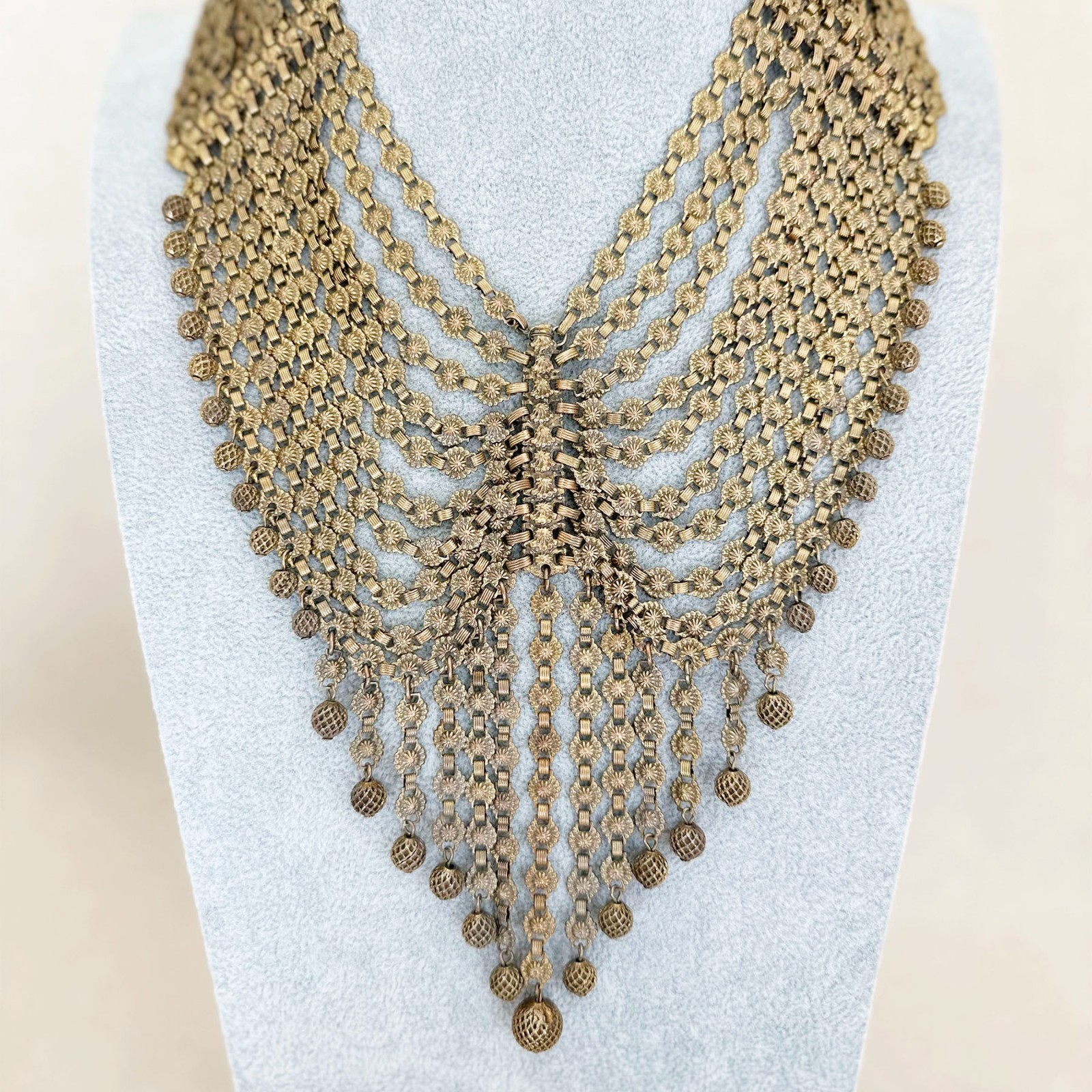 Vintage Brass Multi-Chain Festoon Bib Necklace Estruscan Style from the 1940s