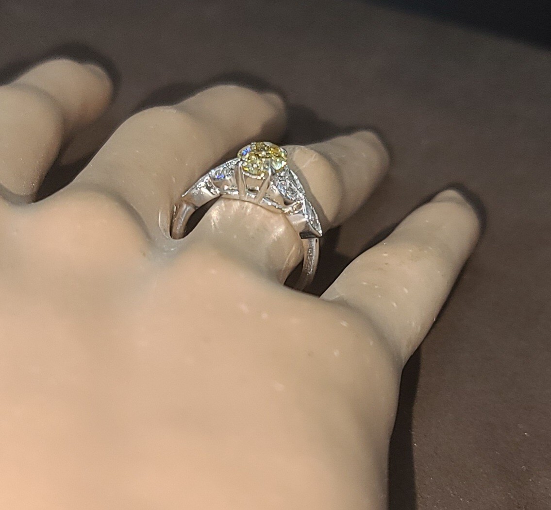 Vintage Platinum Engagement Ring 1.52CT.Natural Yellow Diamond Oval Shape