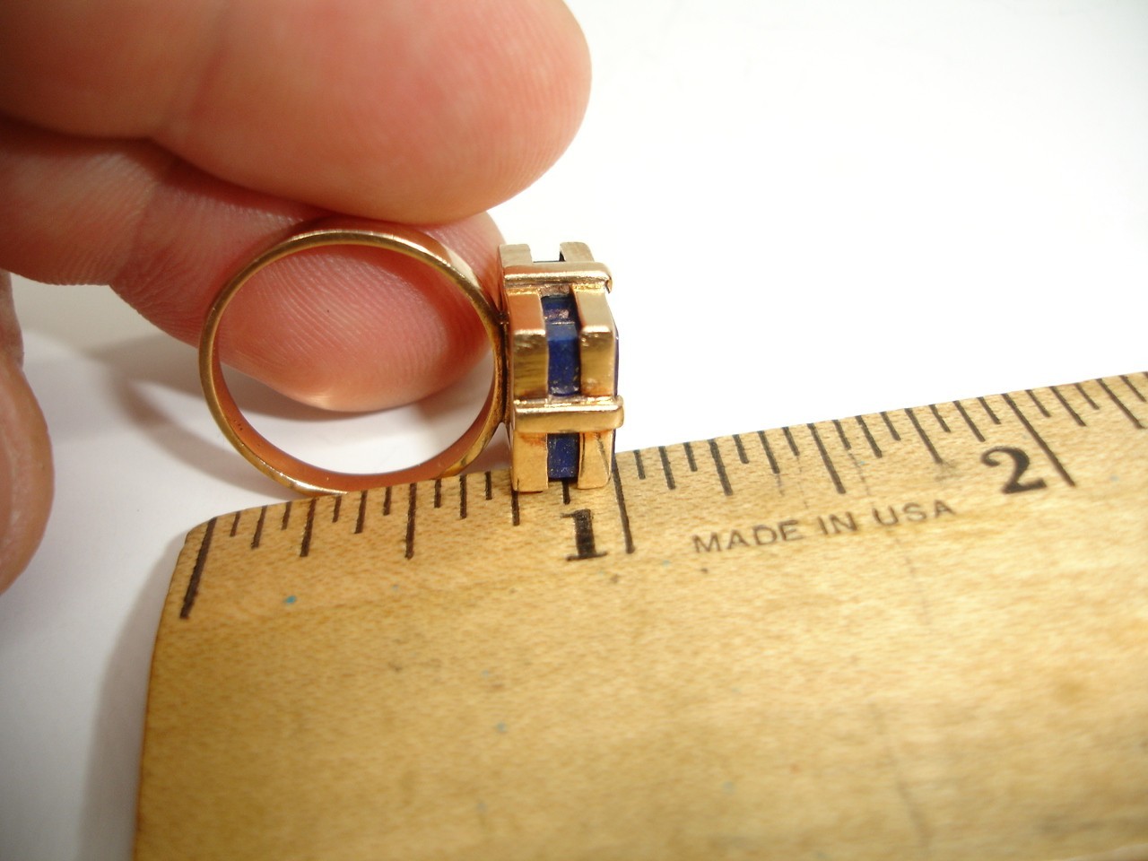 14K Gold Lapis Lazuli Signet Statement Ring Mid Century Deco two-tiered square 7