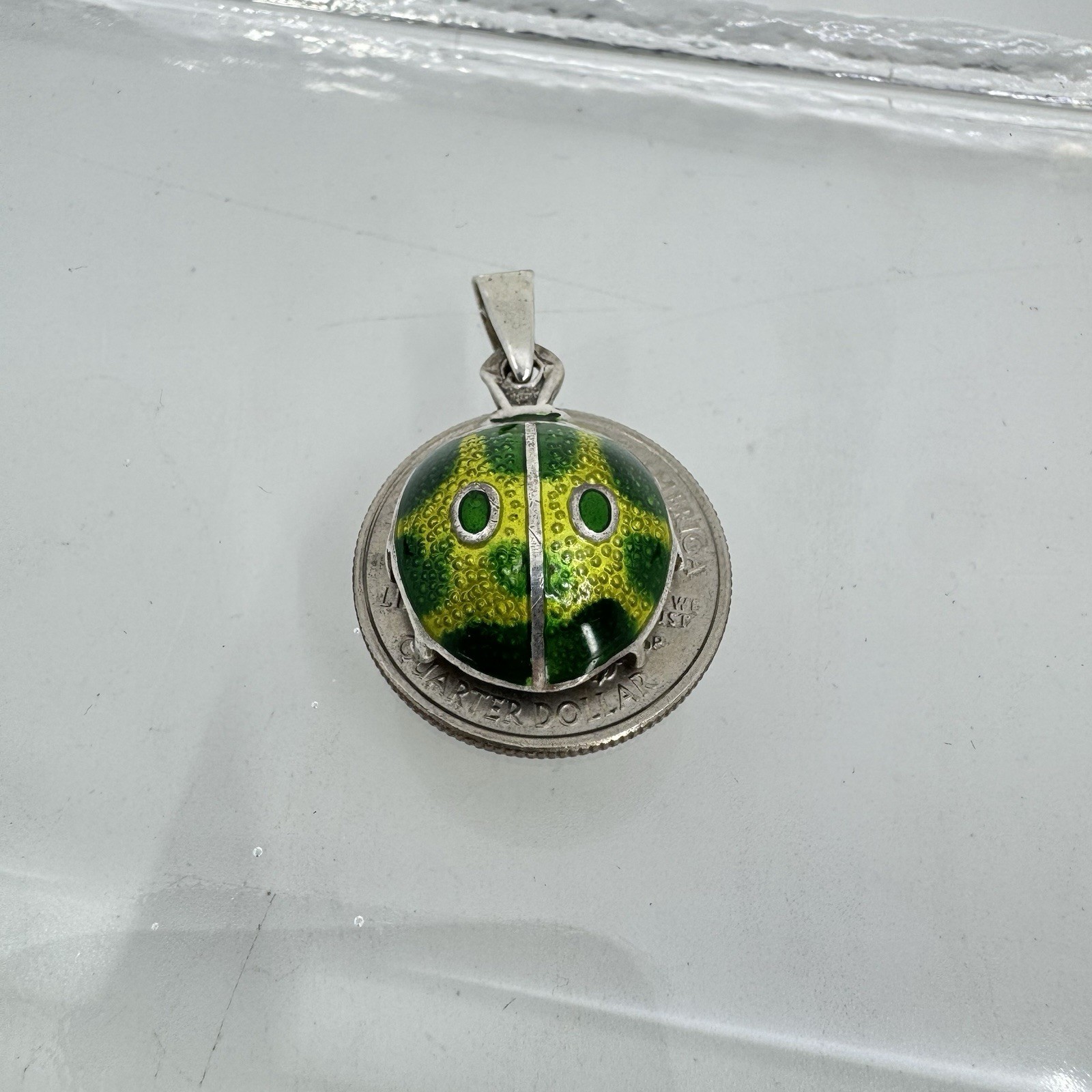 Sterling Silver 980 Bright Green Yellow Beetle Bug Pendant Signed A. Maya Mexico