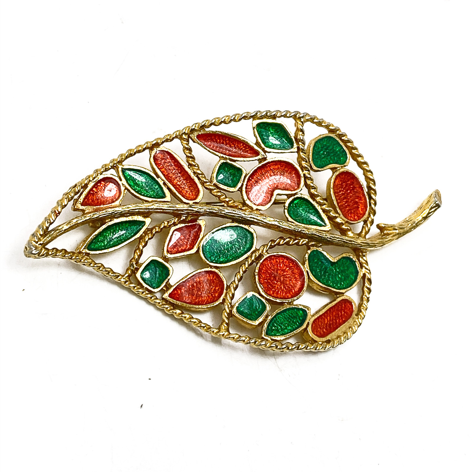 FLORENZA Brooch Plique-A-Jour Enamel Leaf Pin Red Green Gold Tone Vintage
