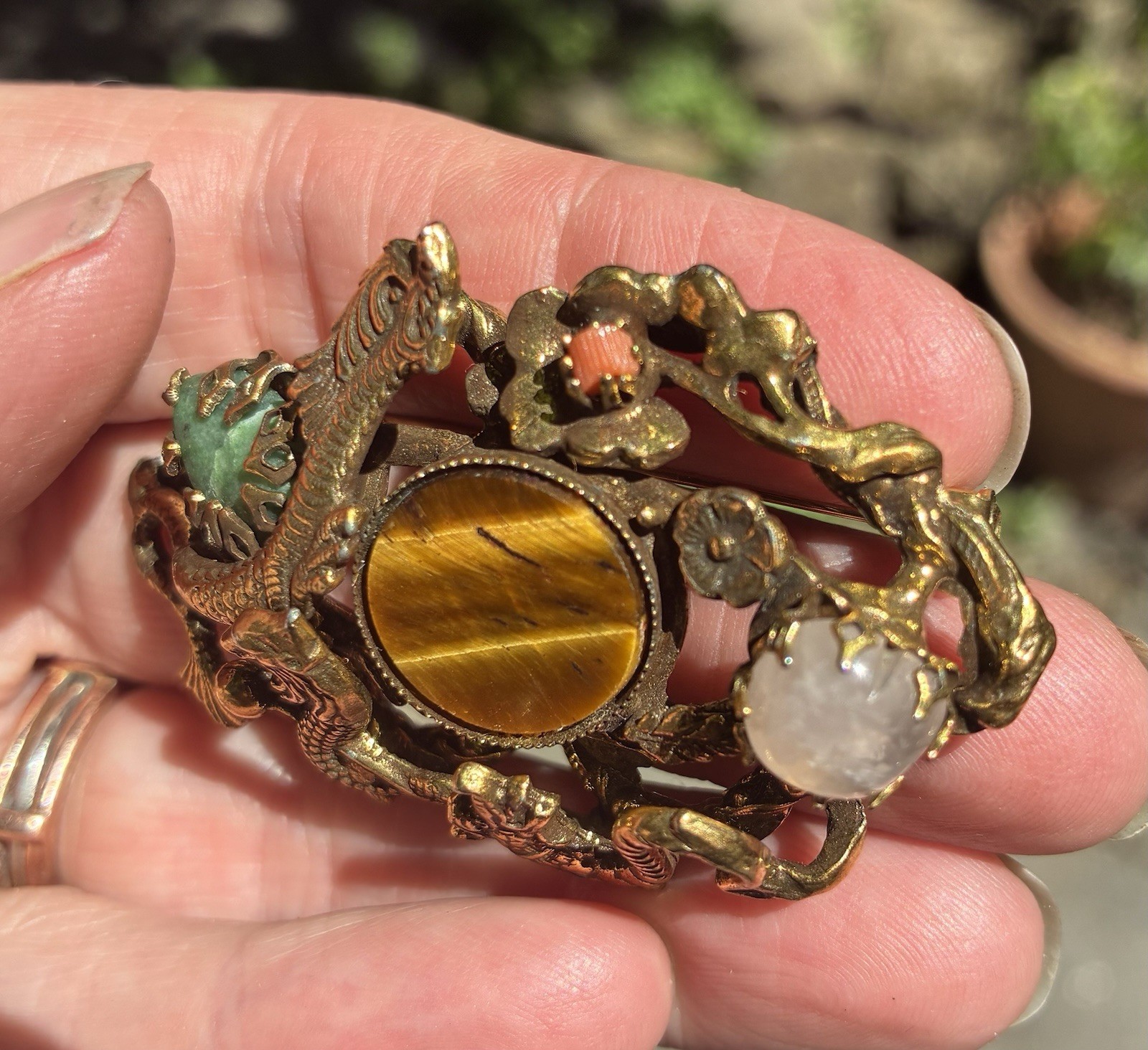 Vintage 3 Dragon Brooch Semiprecious Stones Asian