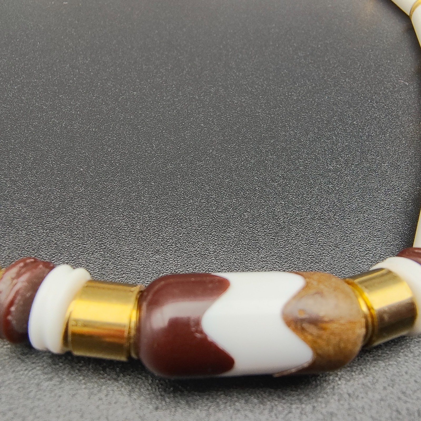 Vintage Boho Ethnic Beaded Statement Necklace White Brown Gold Tone Plastic 70s