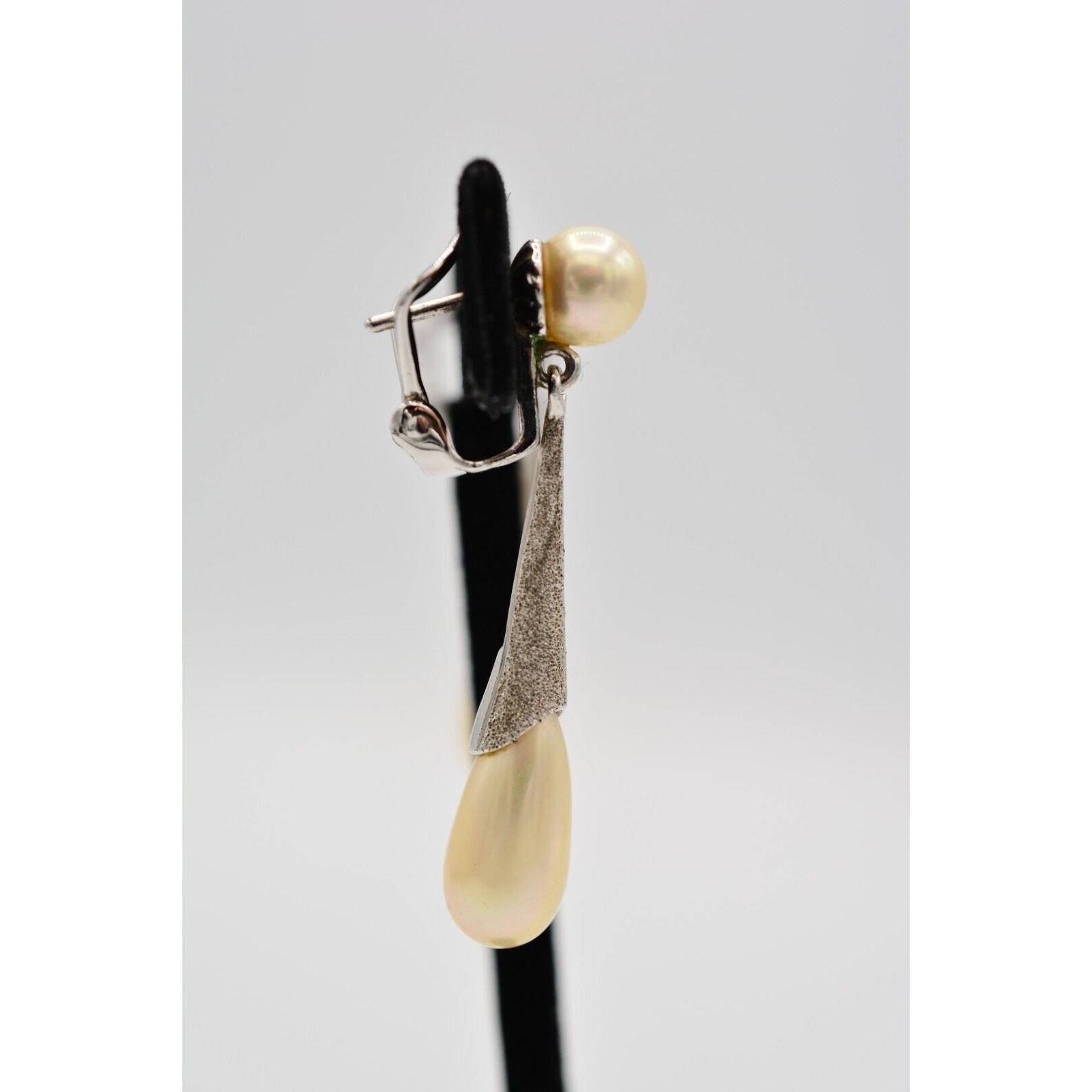 Vintage Dangle Earrings Silver Tone Faux Pearl Drop Textured Signed 1980s Bin7