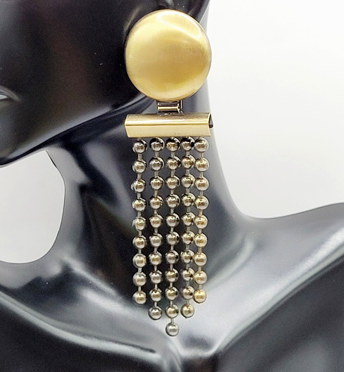Ball & Chain Fringe Brutalist Runway Style Mixed Metal Tone Vtg Pierced Earrings
