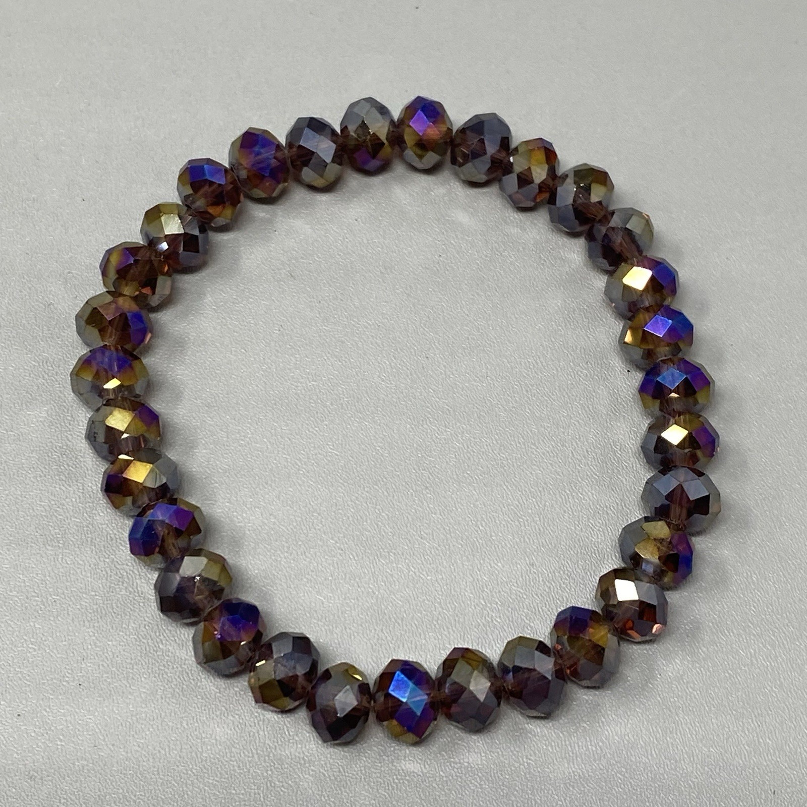 Purple Glass Beaded Bracelet Stretch AB Coated Peacock Oil Slick Faceted 7″