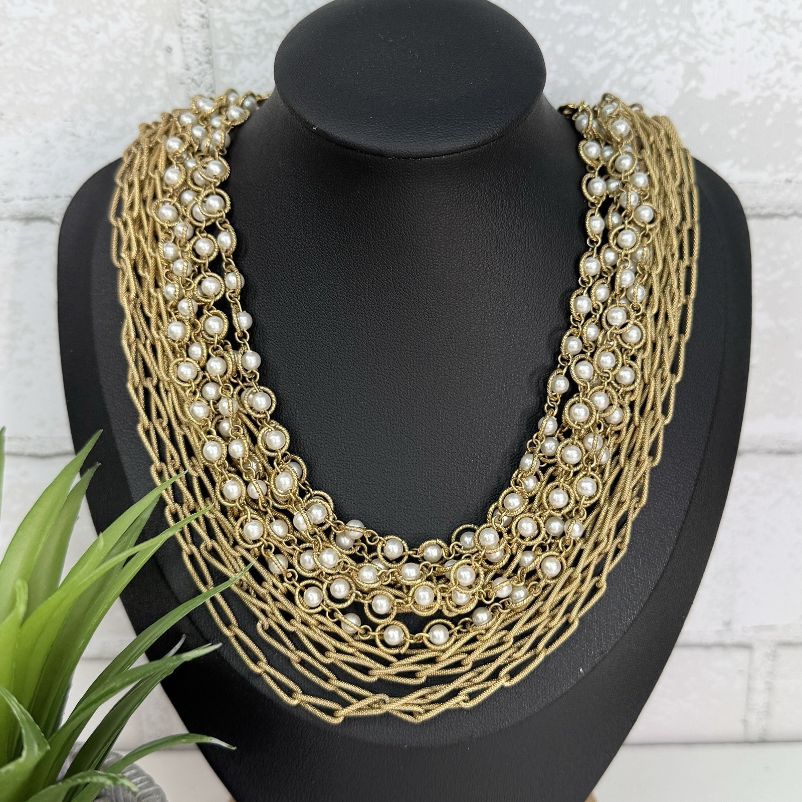 Vintage 60’s White Faux Pearl and Paper Clip Chain Gold Tone Layered Necklace