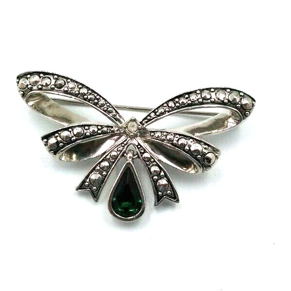 Vintage 1994 Avon May Birthstone Dark Green Glass Dangler Marcasite Brooch Pin
