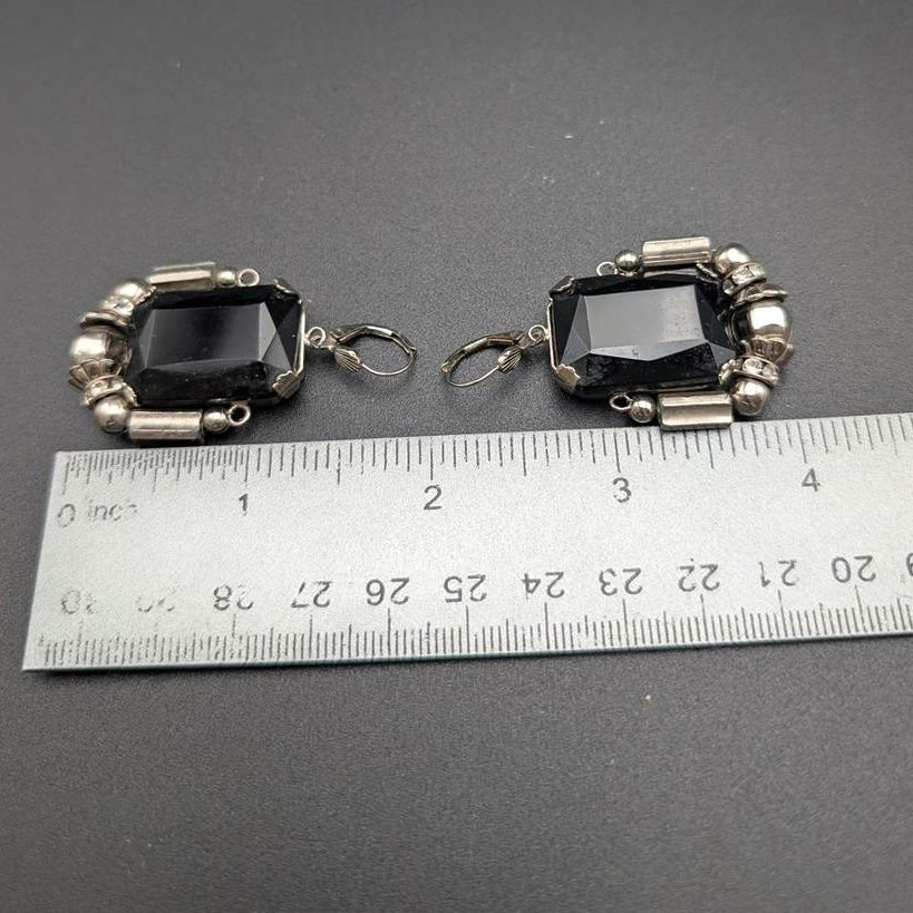 Vtg Earrings Statement Black Silver Geometric Faceted Glass Rhinestone Polished