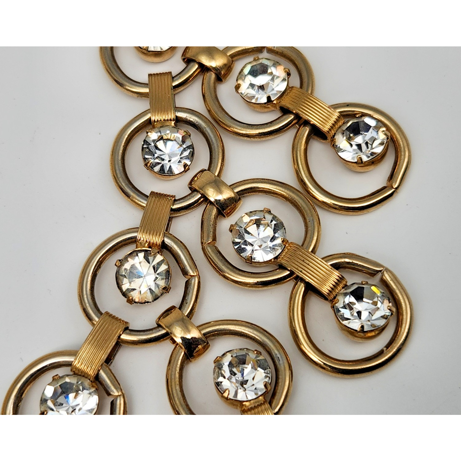 Vintage Statement Gold Circle Link Rhinestone Bib Festoon Collar Necklace