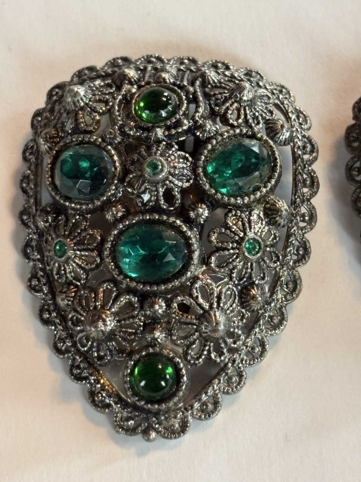 Pair Early 1900’s Vintage New England Glass Works Emeralds Green Dress Clips