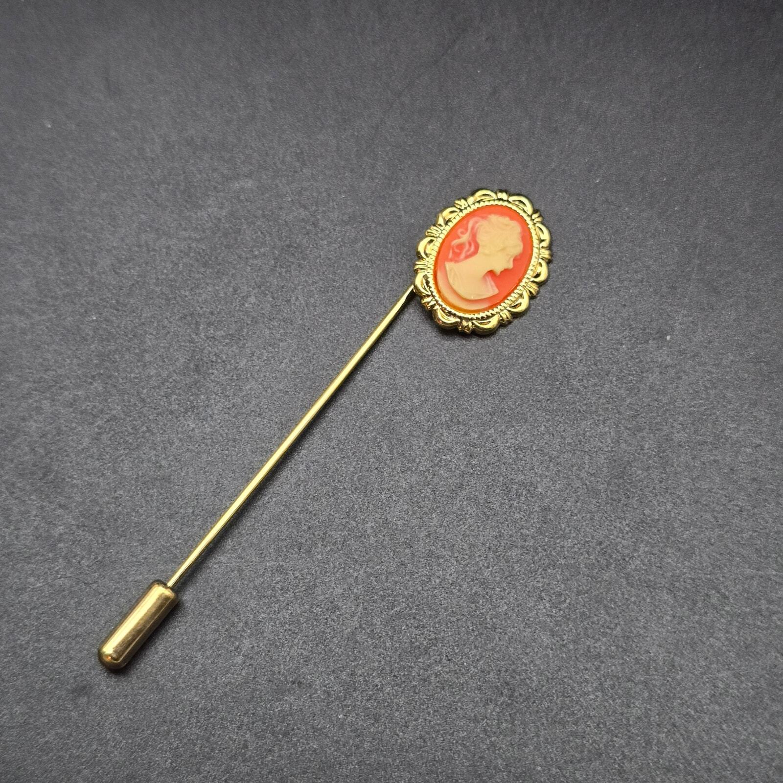 Vintage Cameo Stick Pin Gold Tone Orange Cream Lady Face