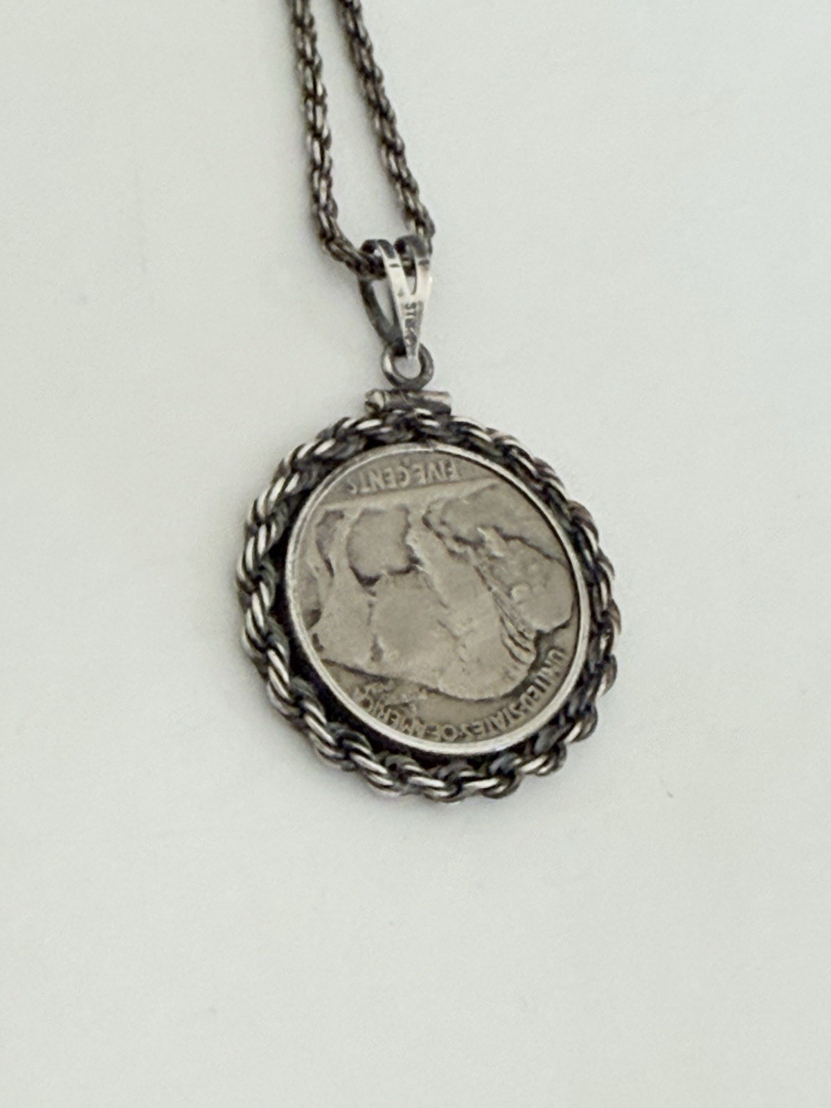 Vintage 1937 Buffalo Nickel Coin Pendant 925 Sterling Silver Chain 15-grams