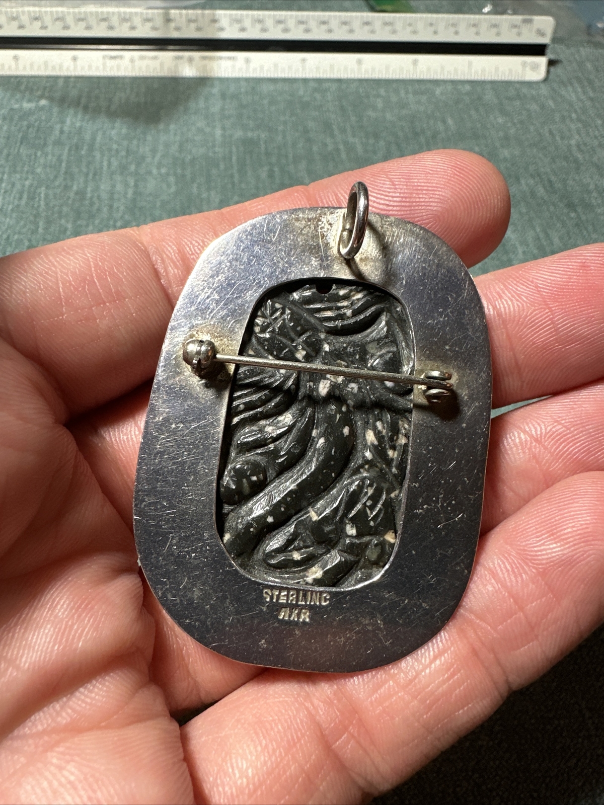 Vintage Amy Kahn Russell AKR Sterling Silver Carved Brooch Pendant