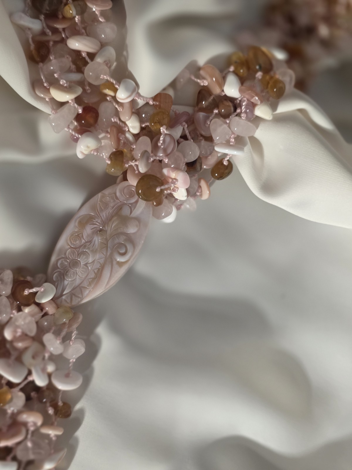 Sajen Multi Strand Gemstone Whimsical Statement Necklace Shell Rose Quartz