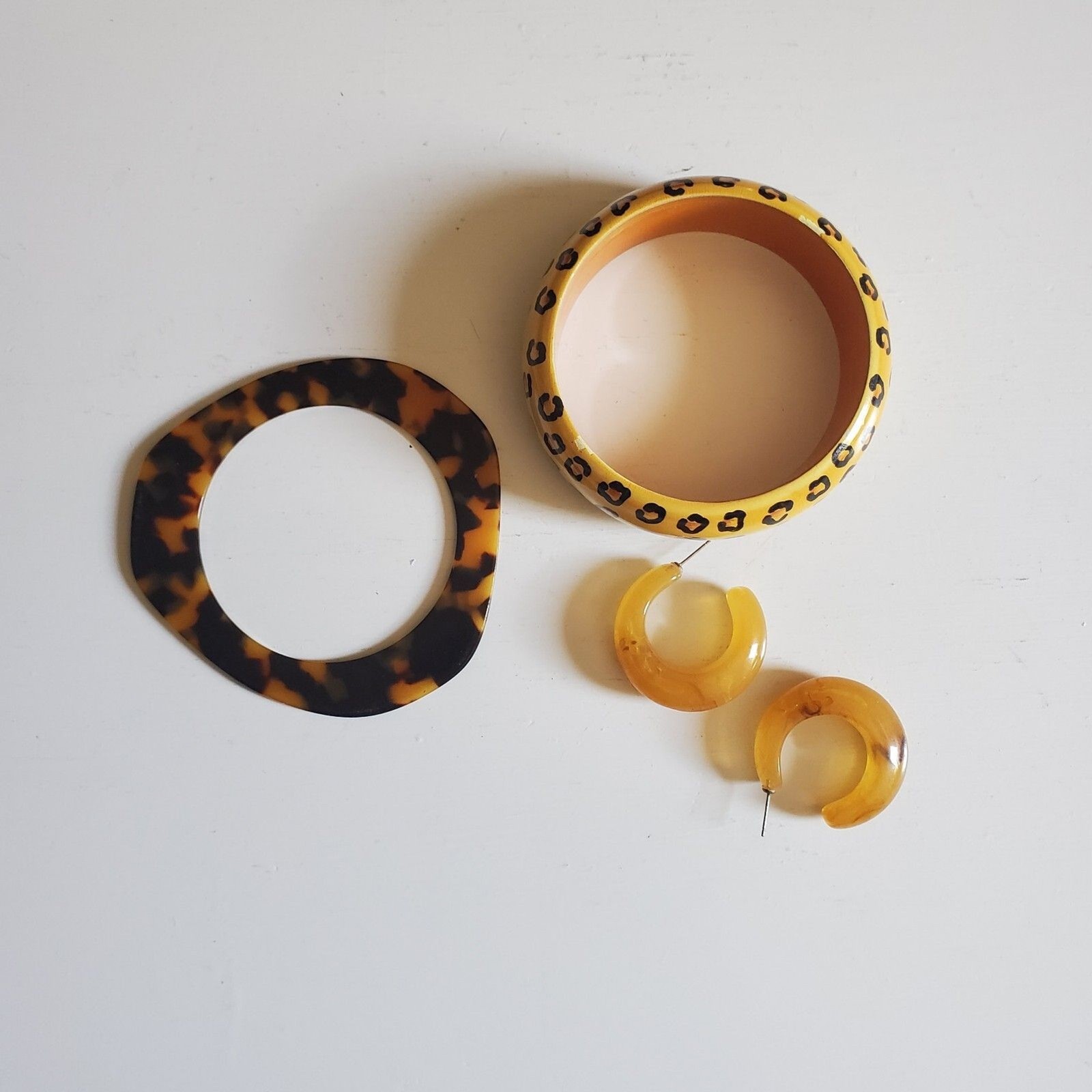 Vintage Leopard Animal Print Bracelets & Earrings, Painted Wood & Lucite