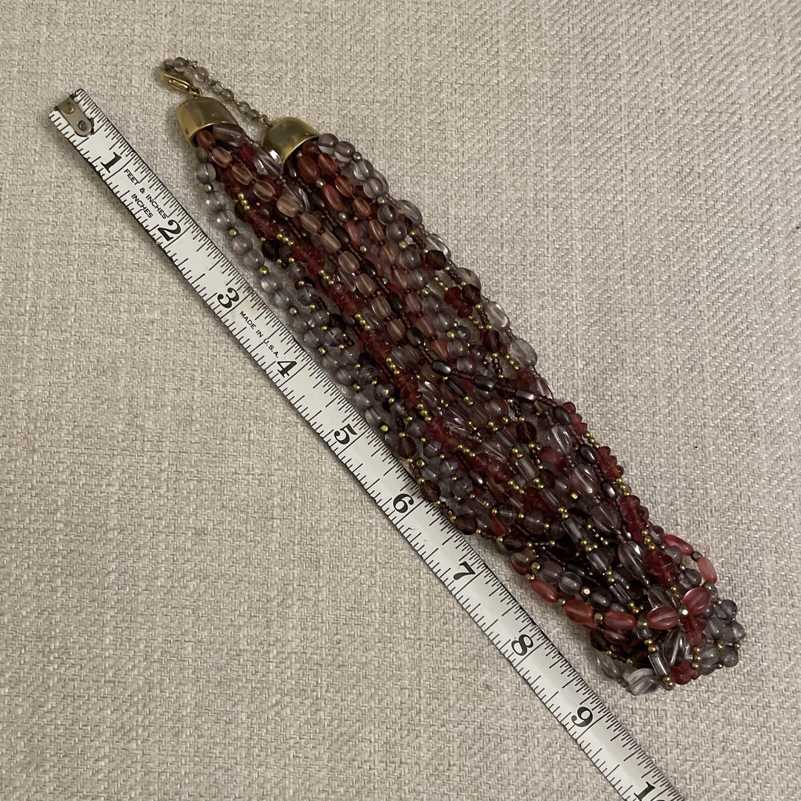 Vintage boho Multi Strand Beaded purple Pink Red Glass Gold Tone Necklace