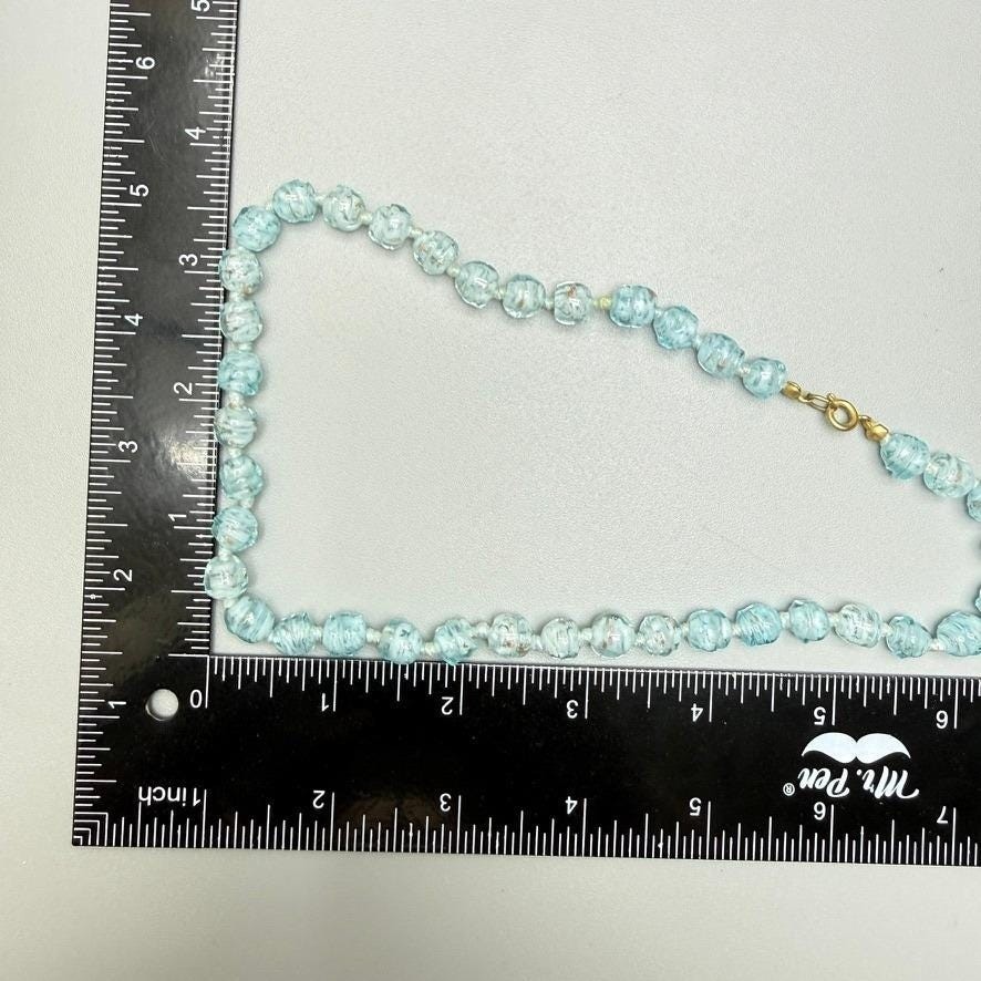 VTG Light Blue Venetian Glass Bead Necklace 16″ Gold Flecks Aventurine Choker