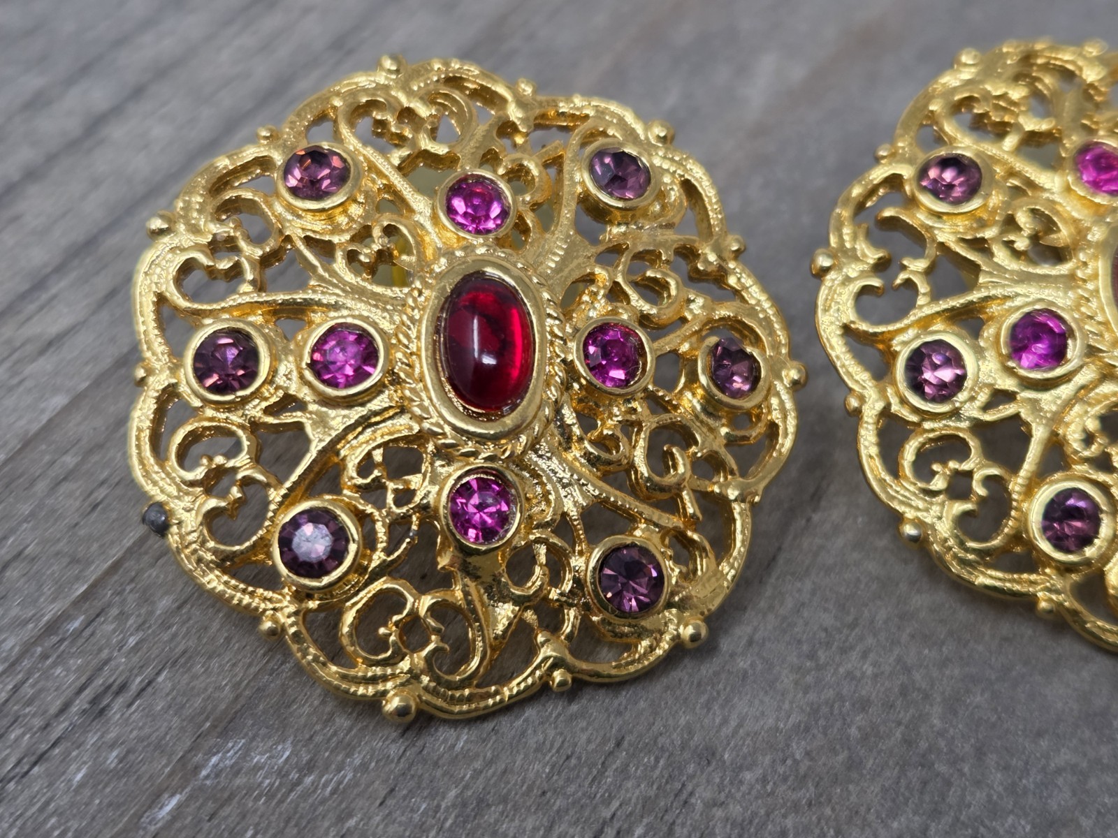 Gold Tone Filigree Earrings w/ Red Cabochons & Purple Pink Rhinestones Vintage
