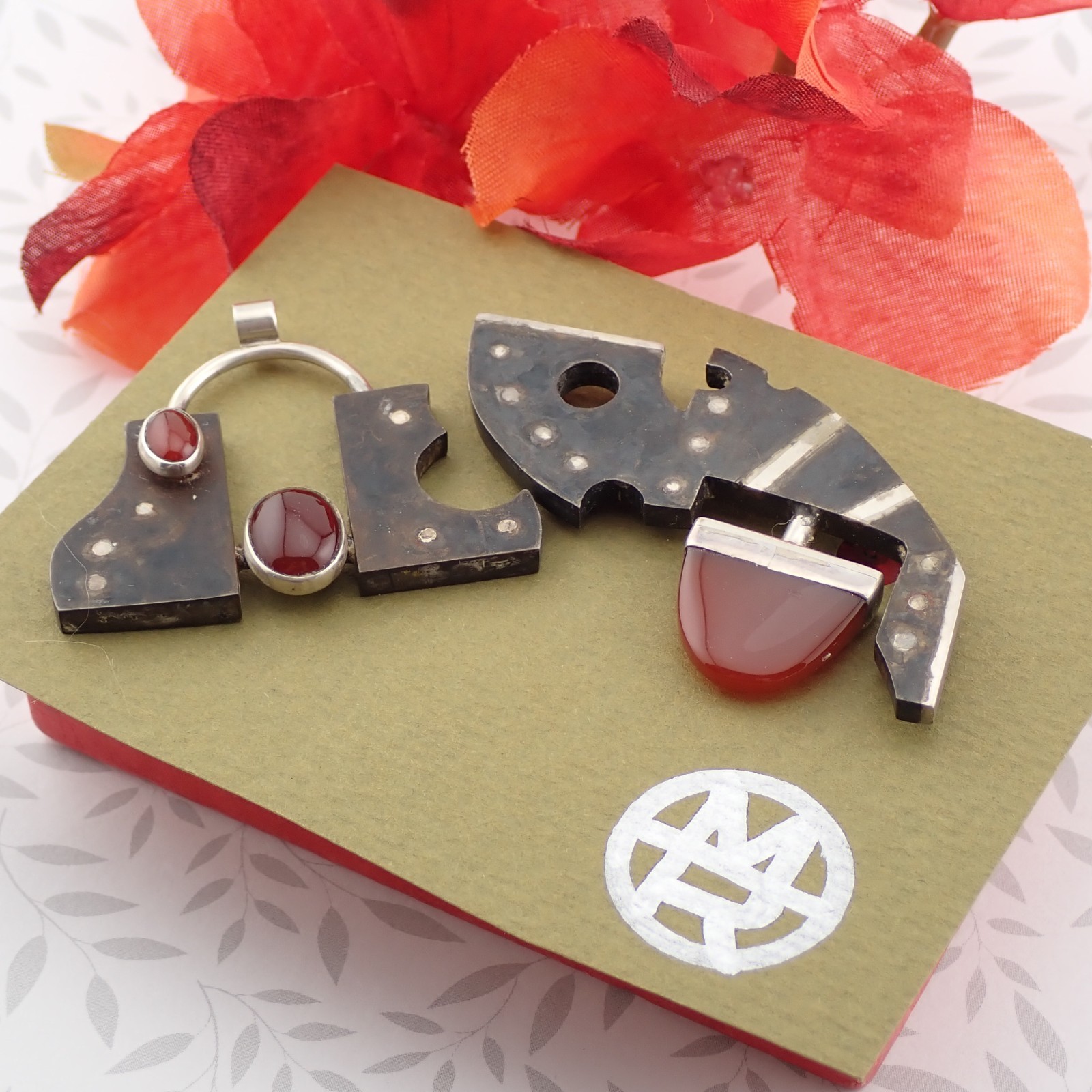 Modern Brutalist Red Carnelian Sterling Silver Mixed Metal Pin Pendant Set by MR