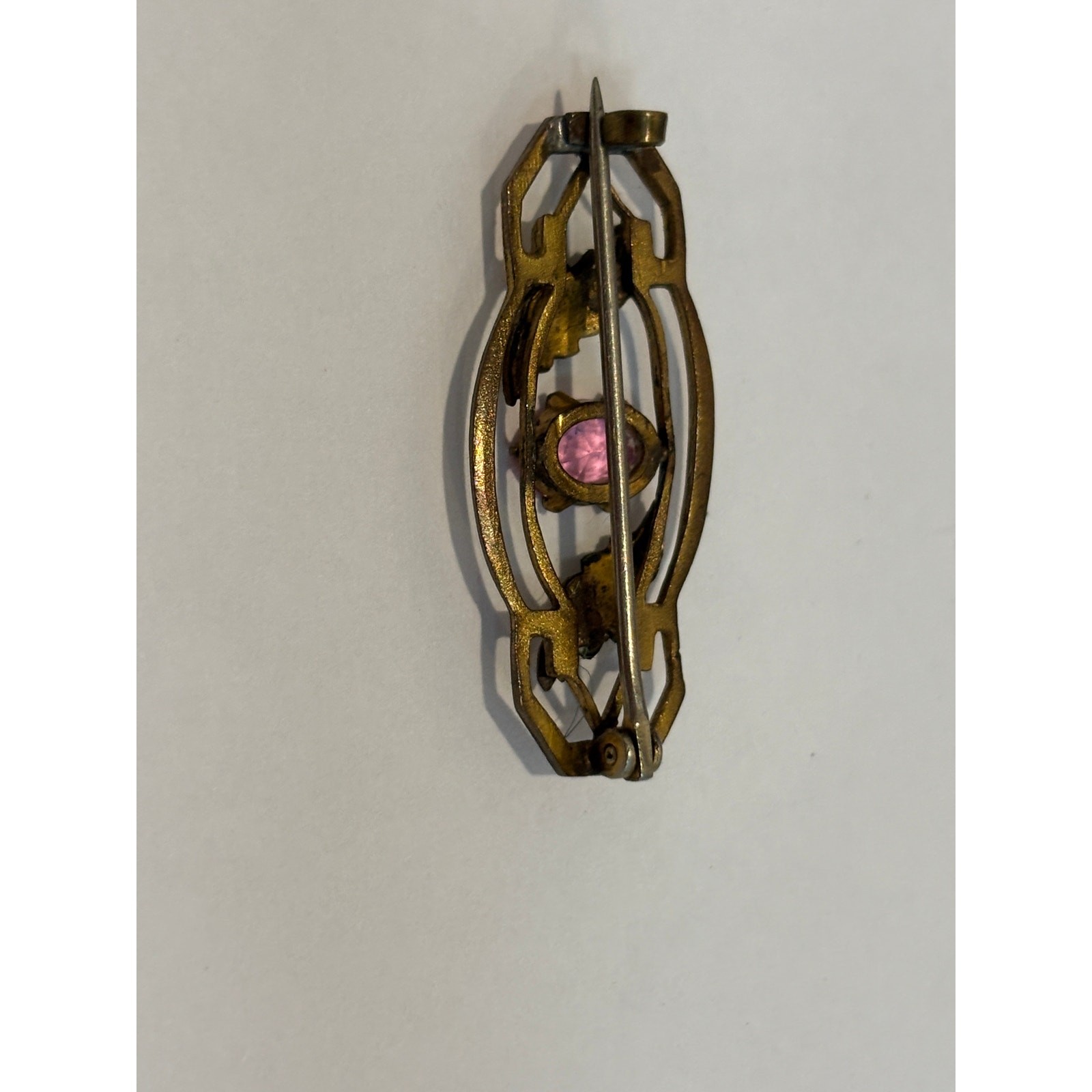 Antique Brooch Pin Gold Wash Pink Glass