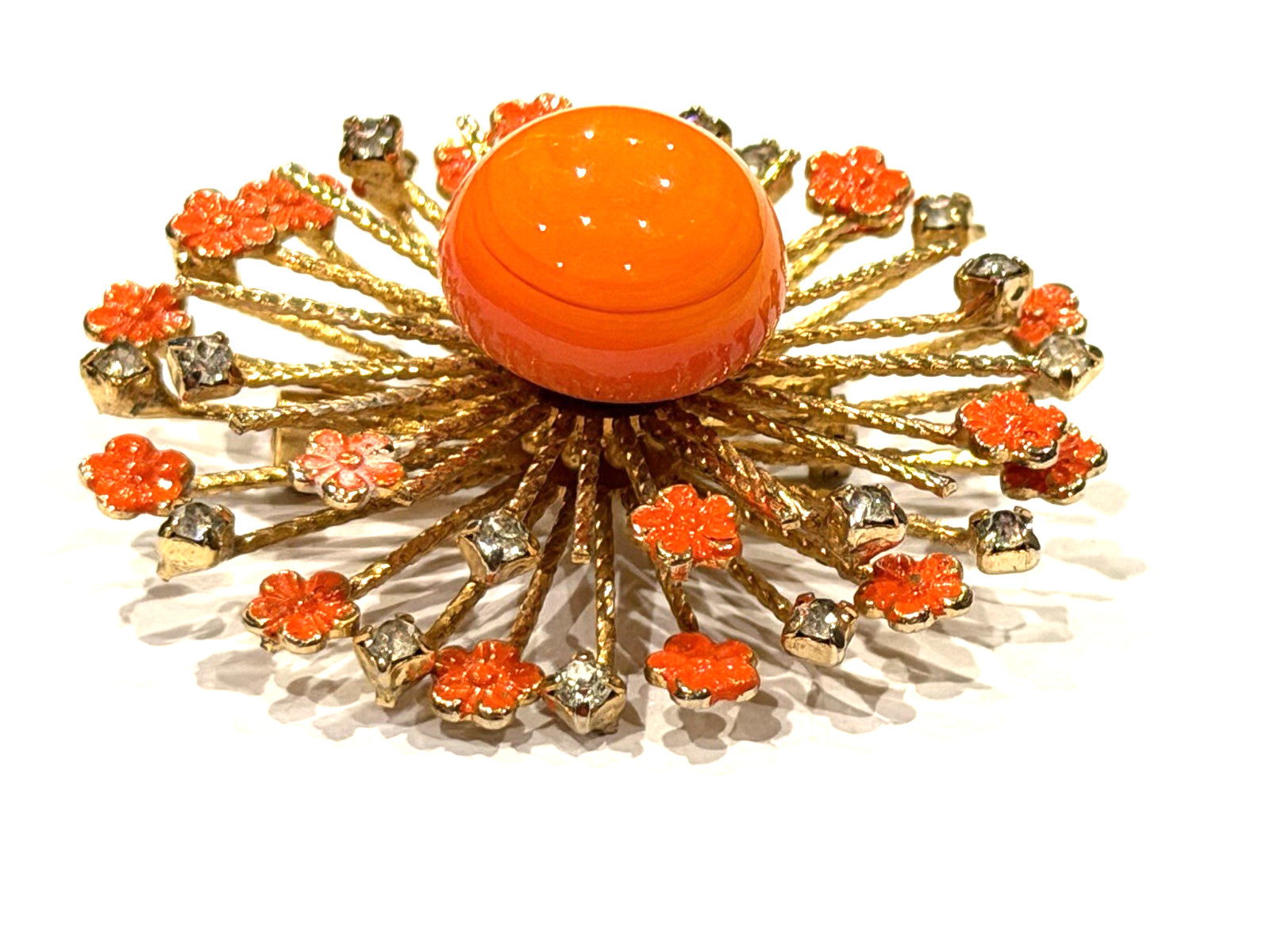 WARNER ORANGE ENAMEL LUCITE RHINESTONES GOLD ATOMIC 1.75″ OVAL PIN BROOCH MCM