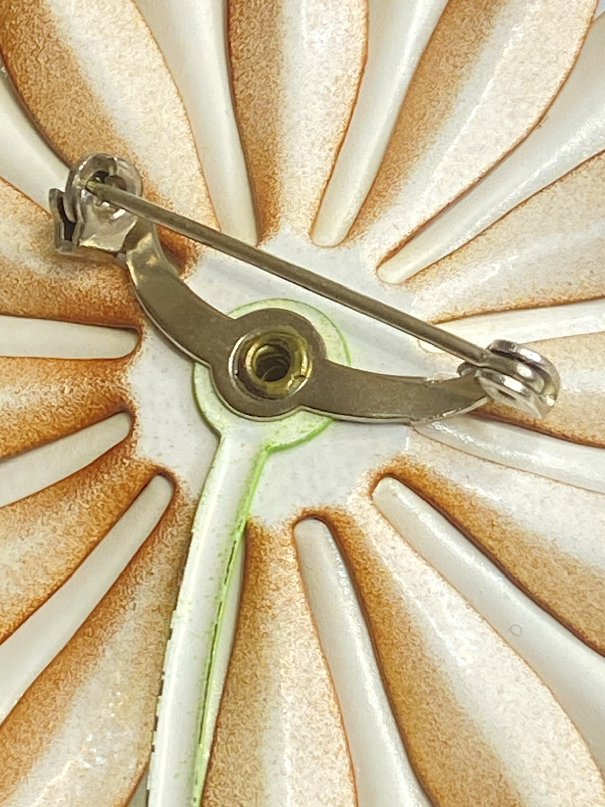 Vintage 60s Brooch Enameled Daisy Flower Cream Burnt Orange 4.25”