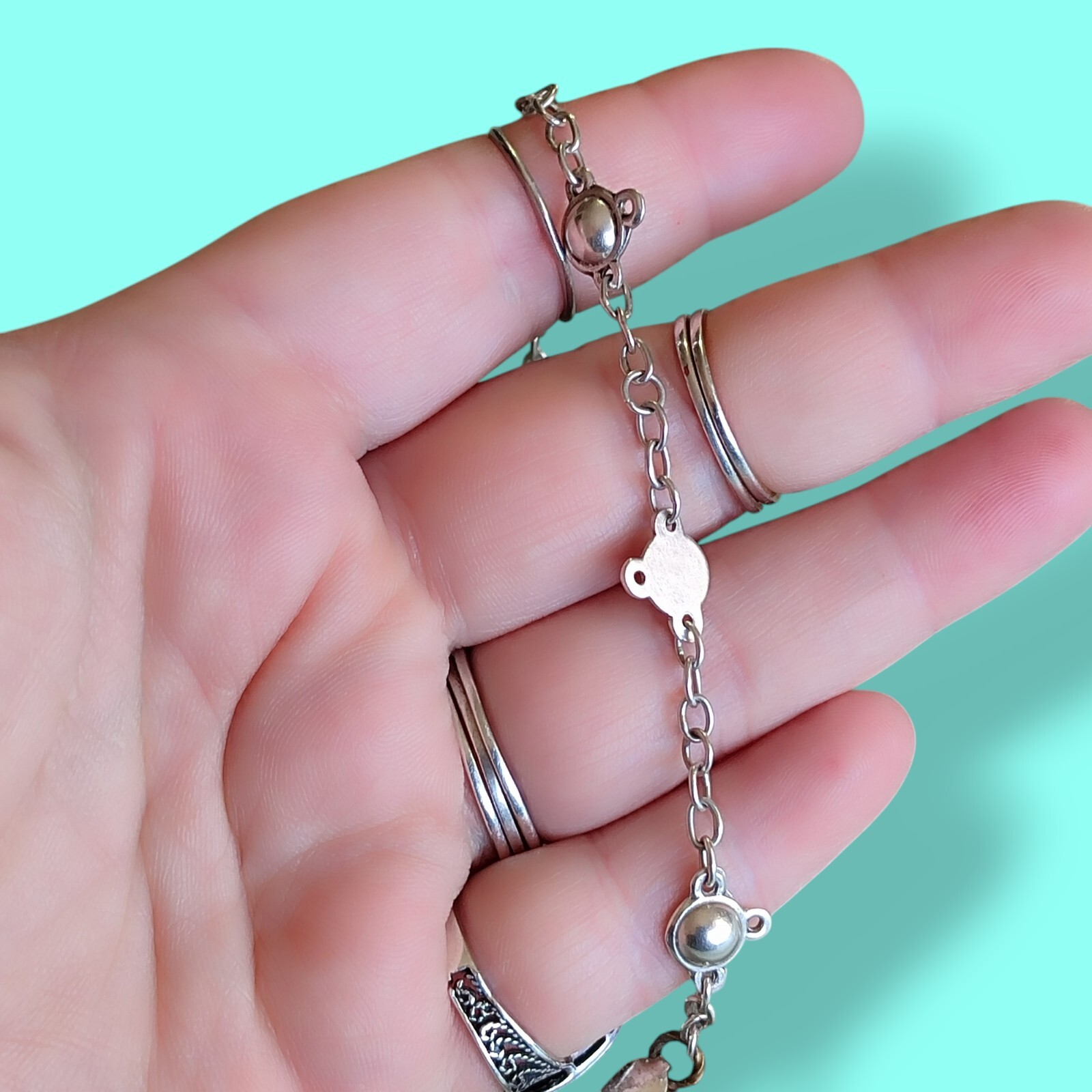 Vtg Antique Siam Sterling Silver Dangle Charm Starter Bracelet 7.5in 925
